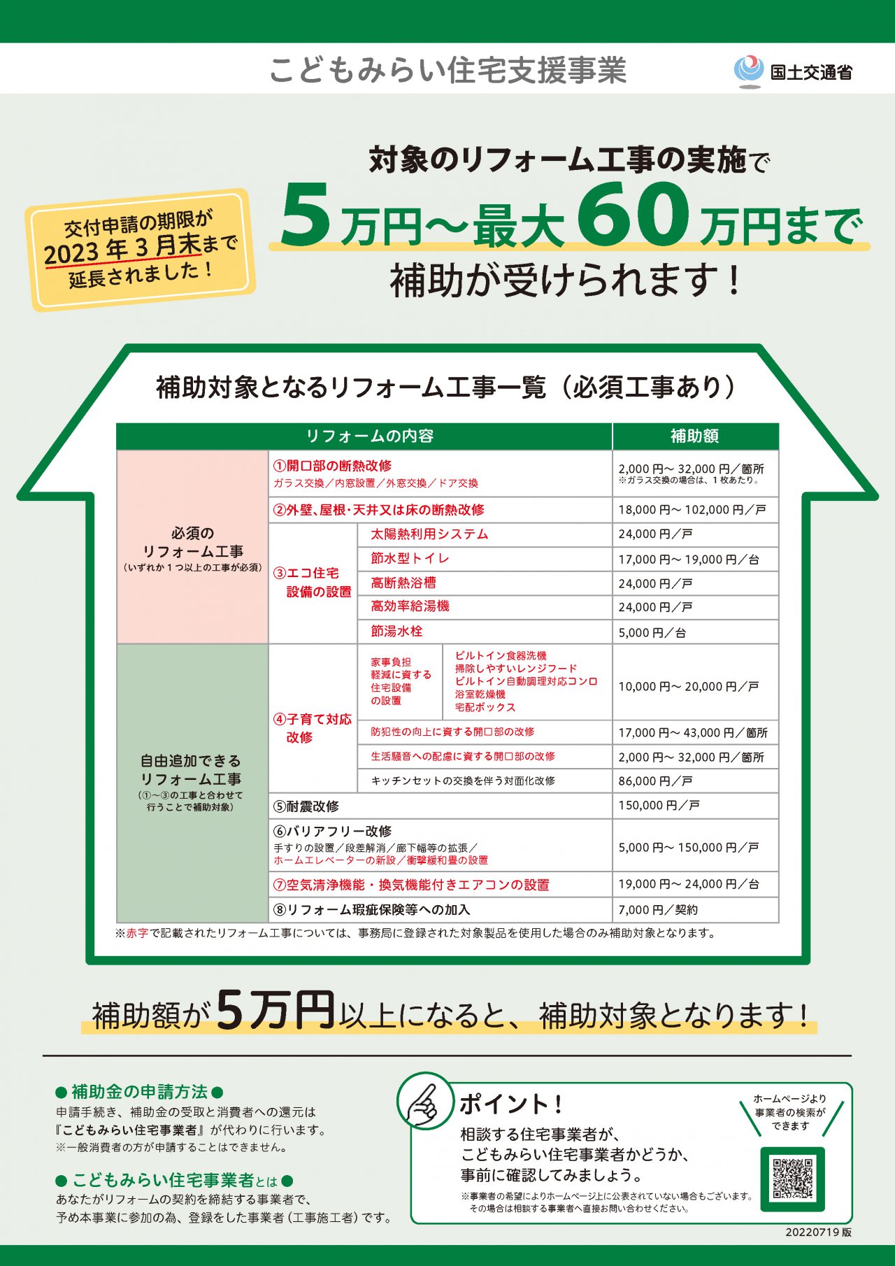 国土交通省発行「こどもみらい住宅支援事業」パンフレット表