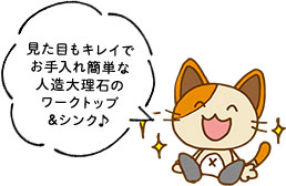 見た目もキレイでお手入れ簡単な人造大理石のワークトップ&シンク♪