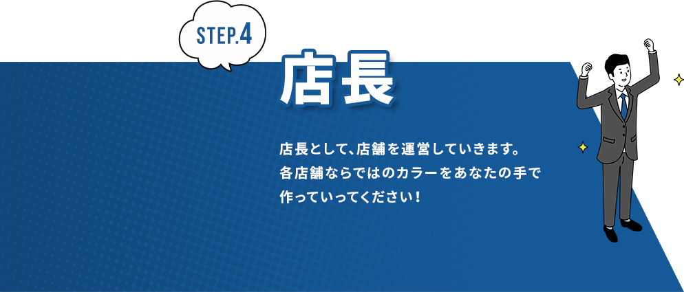 店長　店長として、店舗を運営していきます。各店舗ならではのカラーをあなたの手で作っていってください！